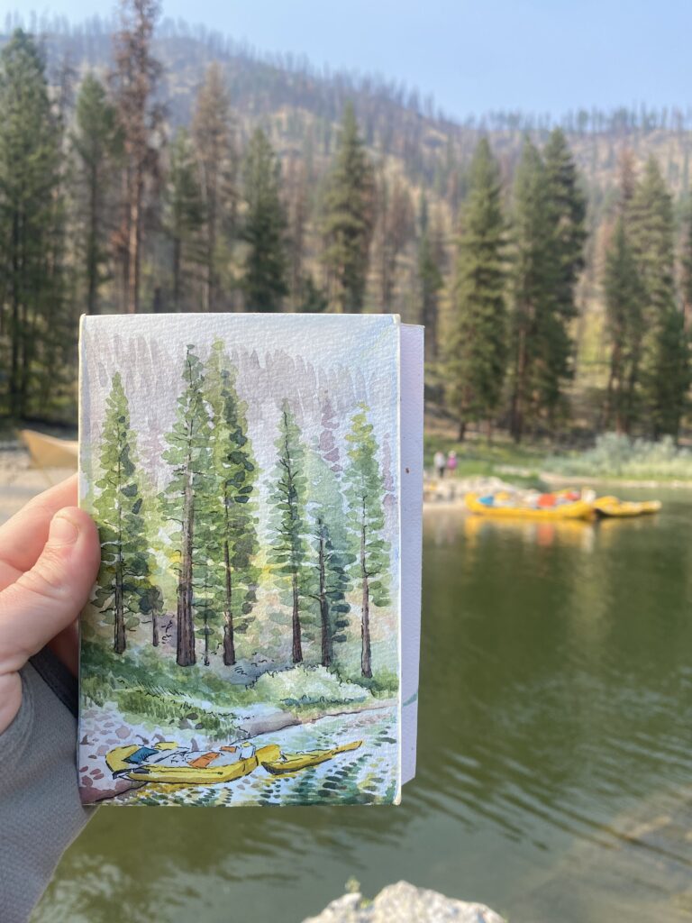 a watercolor yellow rafts on the Main salmon river