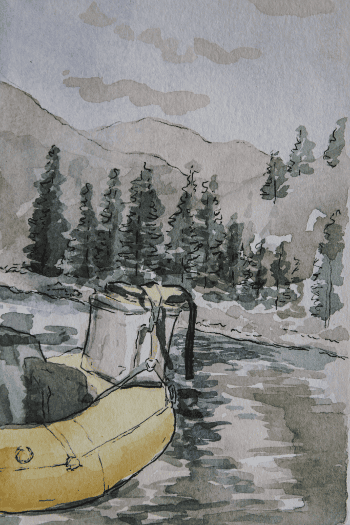water color painting of a raft on the Main Salmon River