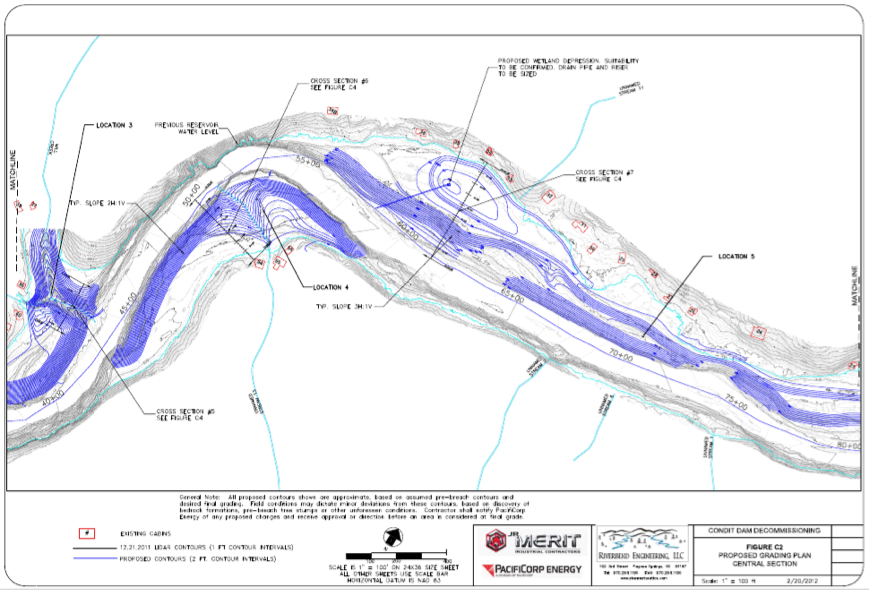 PacifiCorp's diagram of grading locaitons on the middle section of the new White Salmon River. Source: 120 Day Dewatering Assessment and Management Plan