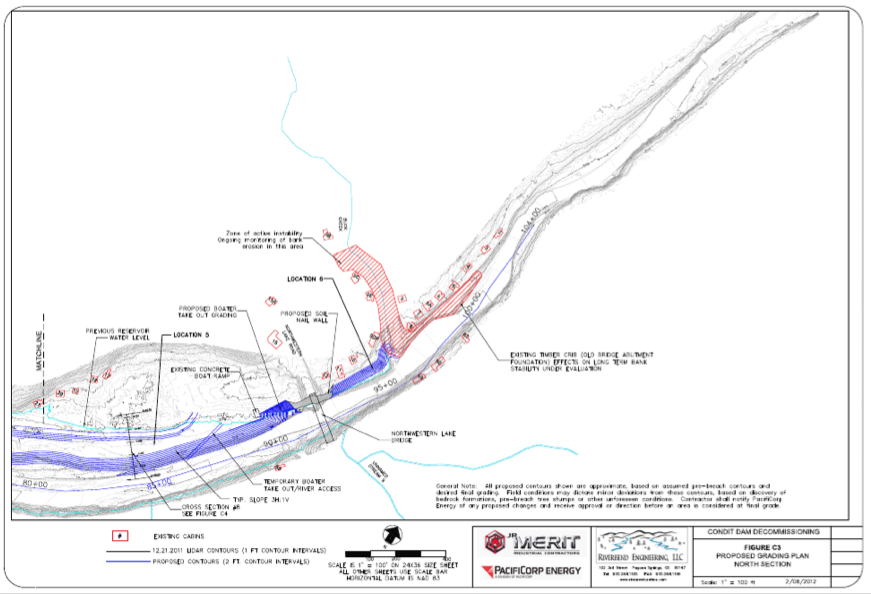 PacifiCorp's diagram of grading locaitons on the top section of the new White Salmon River. Source: 120 Day Dewatering Assessment and Management Plan