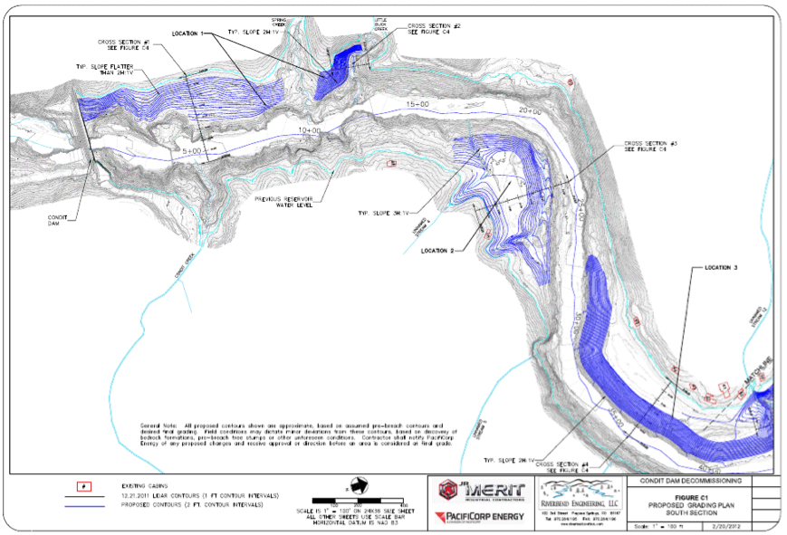 PacifiCorp's diagram of grading locaitons on the lower section of the new White Salmon River. Source: 120 Day Dewatering Assessment and Management Plan