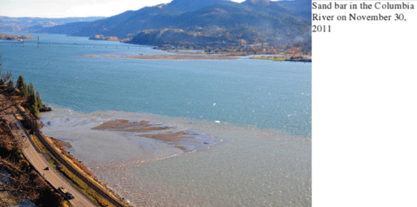 A sandbar now sits at the mouth of the White Salmon, waiting to be transfered downstream by spring high flows on the Columbia. Photo courtesy of PacifiCorp
