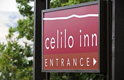 Close up of Celio Inn entrance sign. Wet Planet Whitewater in Washington, Idaho, Oregon