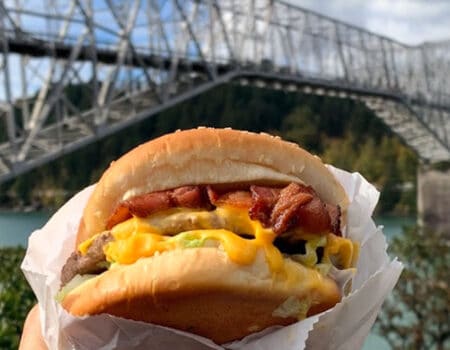 a cheeseburger with melting cheese in a wrapped with a bridge in the background
