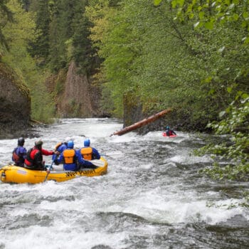 A group of rafters get ready to paddle through a narrow cliff walled gorge on a Hood River Oregon rafting trip.