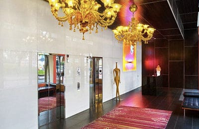 Colorful, modern lobby at the Nines Hotel. Wet Planet Whitewater in Washington, Idaho, Oregon