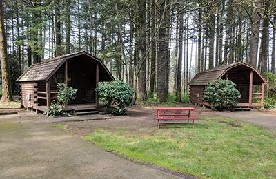 View of two KOA Campground cabins in Cascade Locks. Wet Planet Whitewater in Washington, Idaho, Oregon