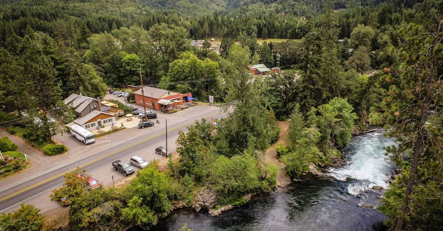 Aerial view of river and headquarters for Wet Planet Whitewater in Washington, Idaho, Oregon