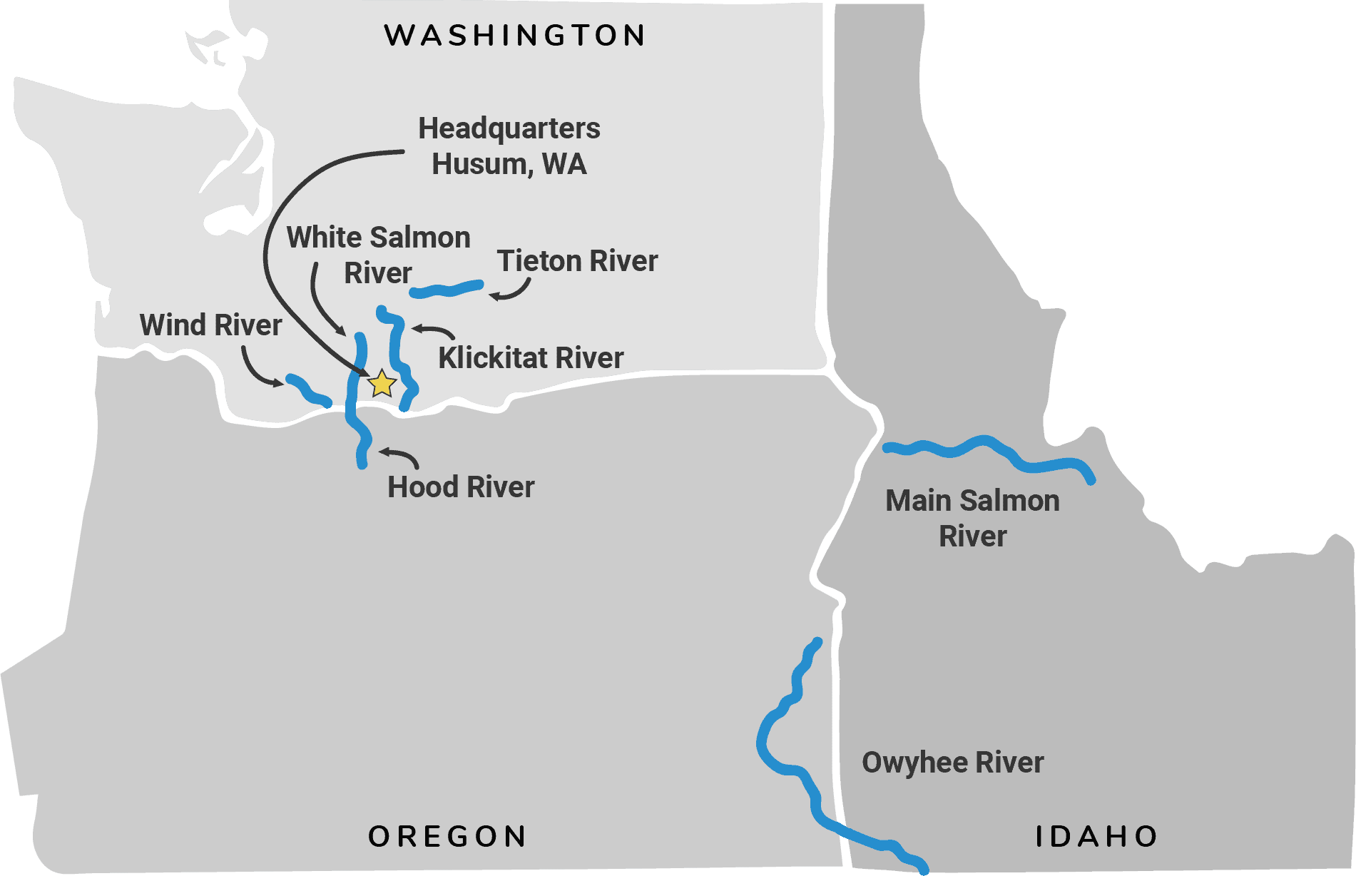 Map of rivers in Washington, Oregon, and Idaho. Wet Planet Whitewater in Washington offers whitewater rafting tours.