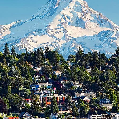 A scenic view of Mt. Hood towering over the town buildings.