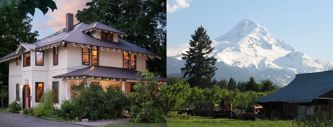 Two images-one is the Old Parkdale Inn and the other is snow capped mountain in Washington. Wet Planet Whitewater in Washington, Idaho, Oregon