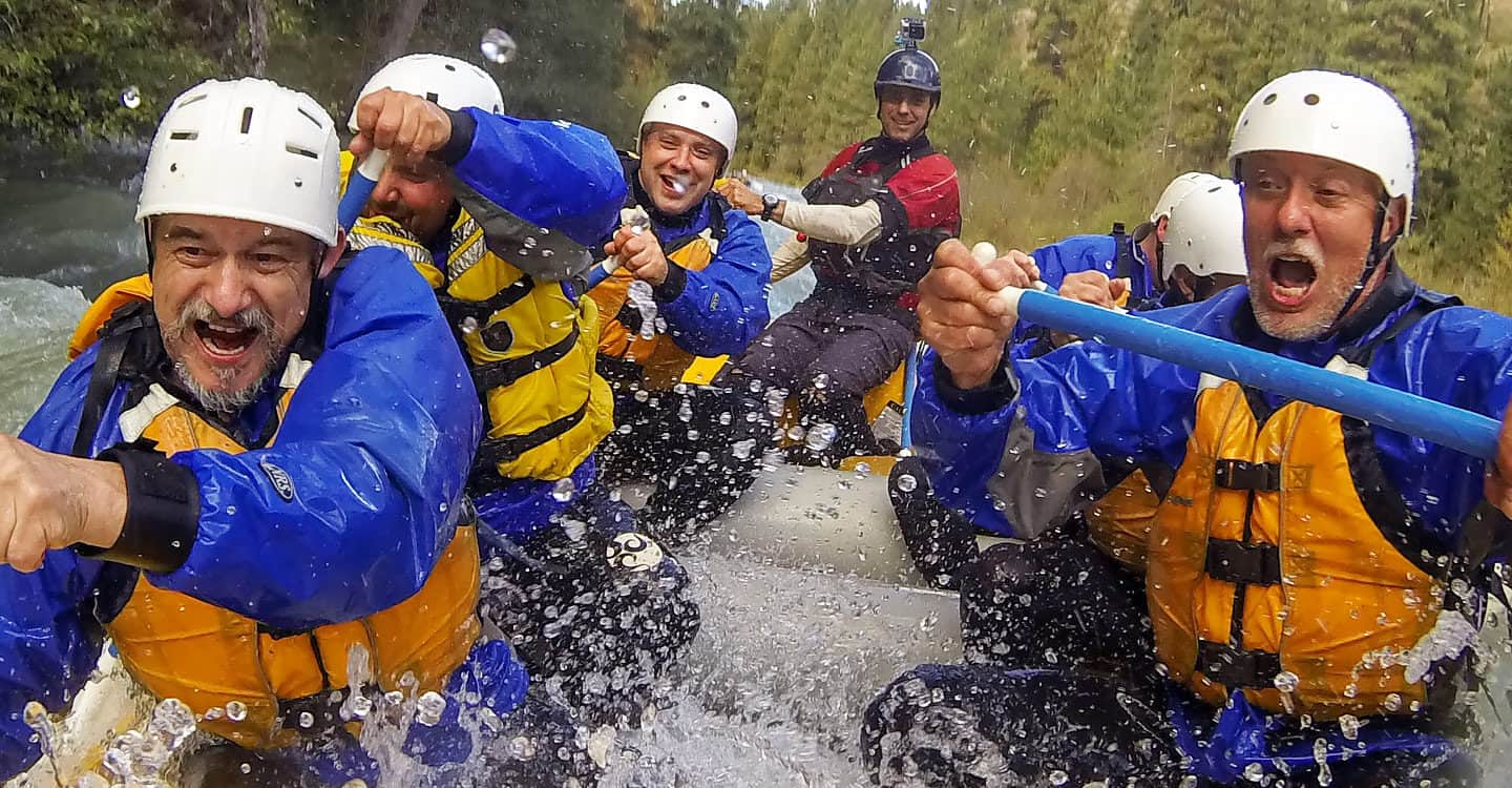 Close up face photo of guys rafting on the Tieton River in Washington